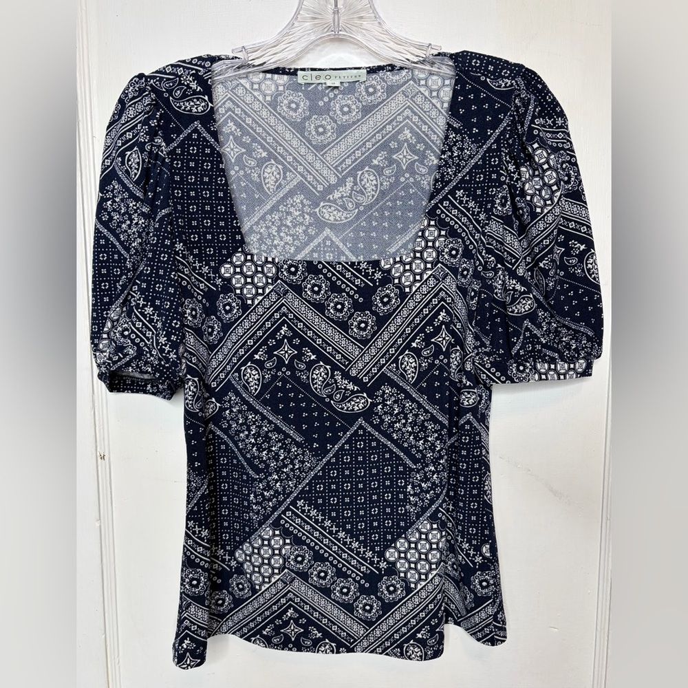 Cleo Petite XS Navy Blue Bandana Print Square Neck Puff Sleeve Top Boho Hippie